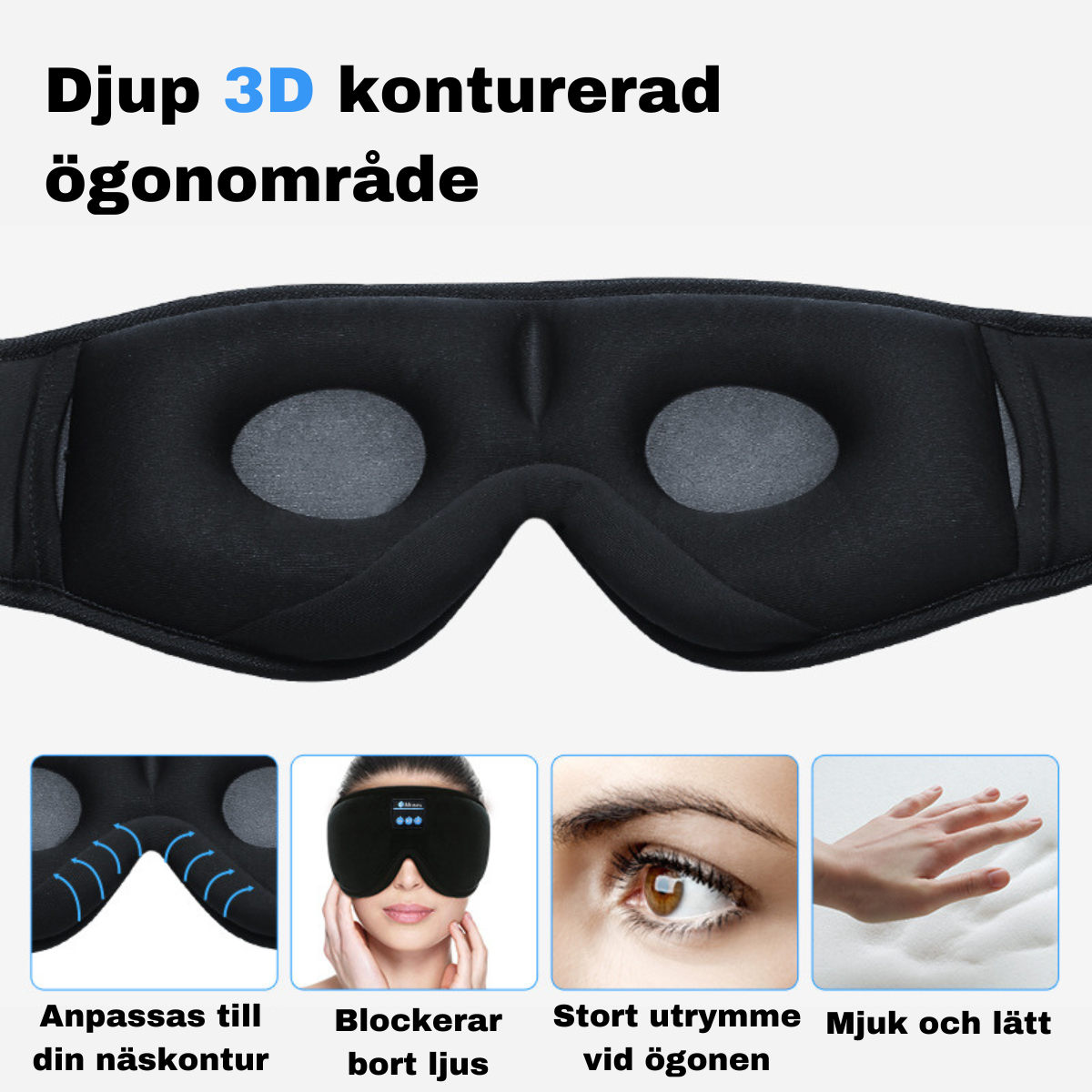 Søvnmaske med innebygde hodetelefoner for dypere søvn