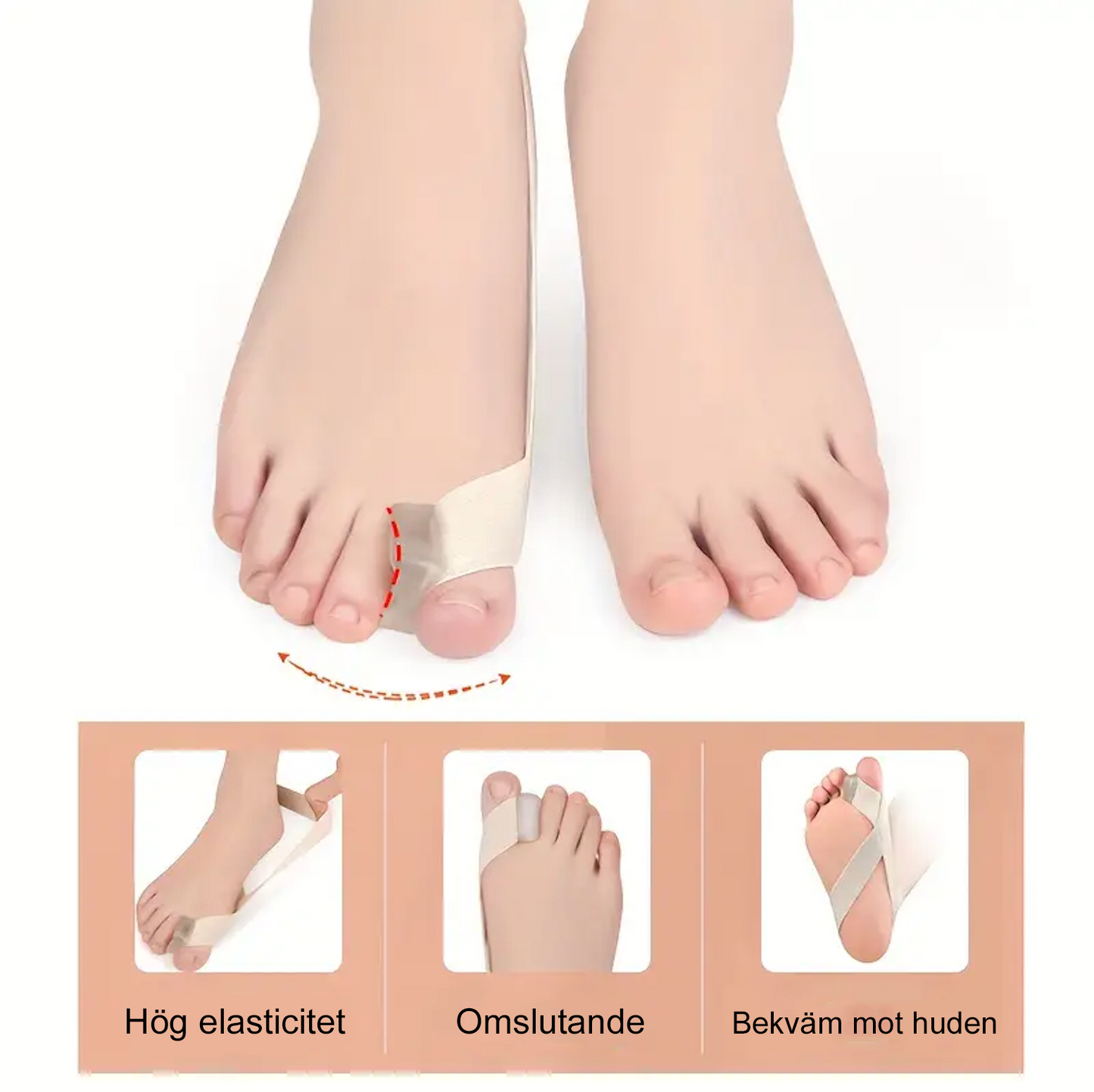 Tåseparator för hallux valgus som sitter på foten, visar hög elasticitet och bekväm passform mot huden.