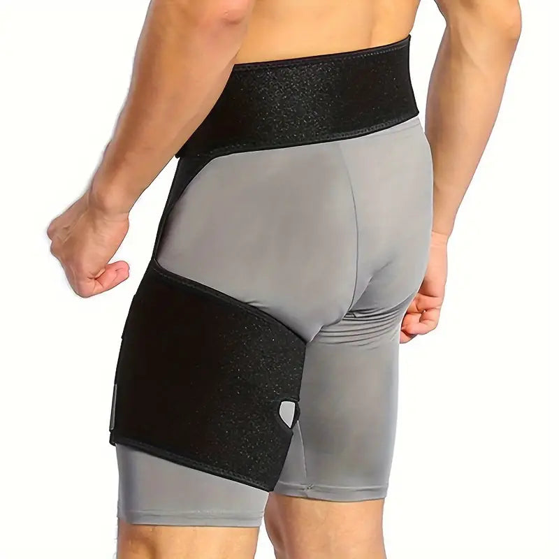Neopren hoftestøtte for smertelindring i isjias, lyske og lår. Justerbar kompresjon, unisex design.